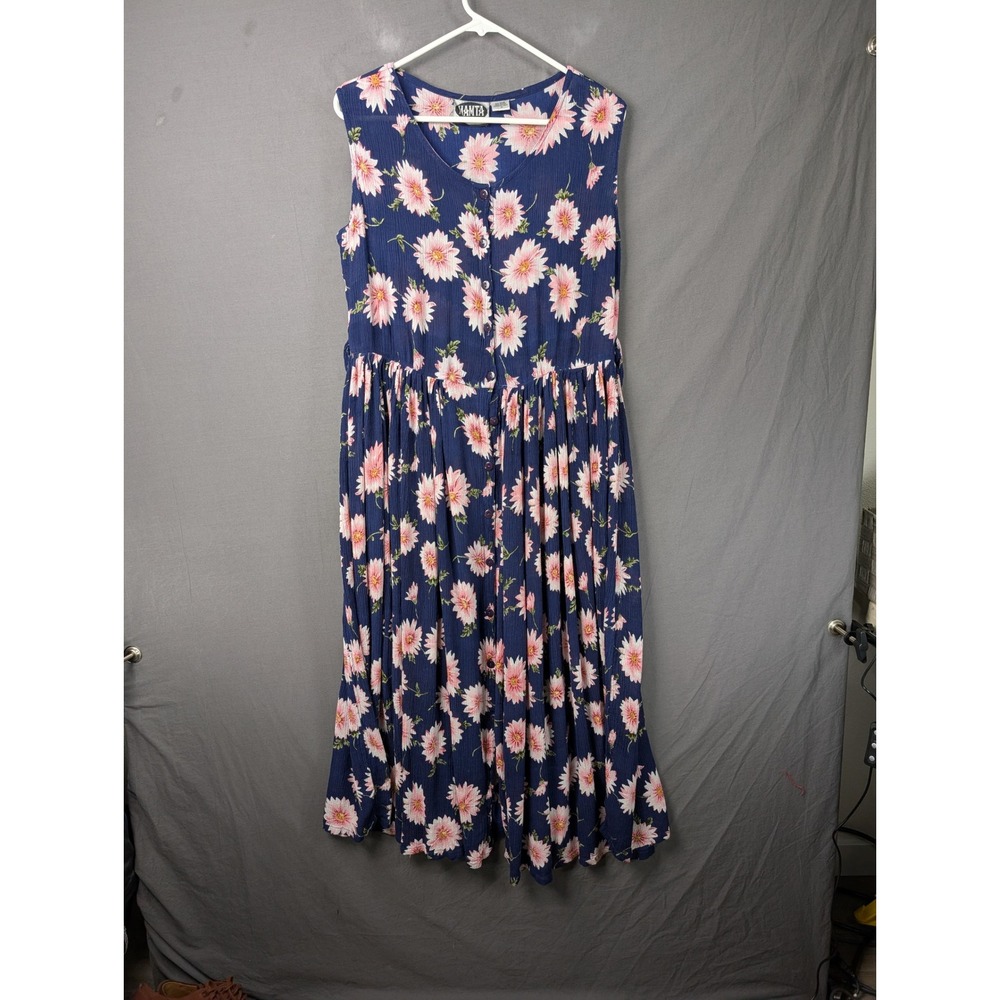 Mamta LA Vintage Floral Rayon Sleeveless Midi Dress Navy Blue Pink Medium 5221‎